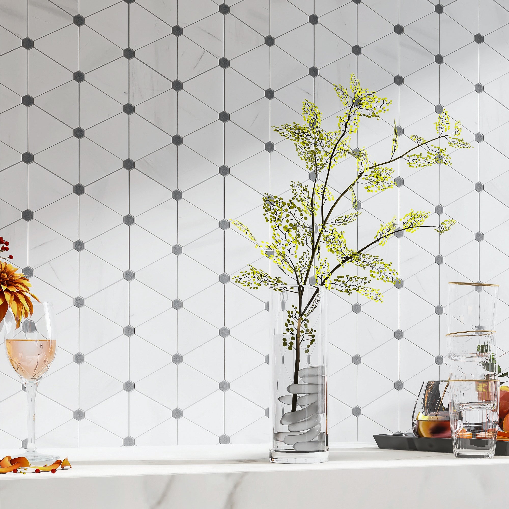Natural White and Gray 12.01 in. x 11.74 in. Geometric Polished Marble