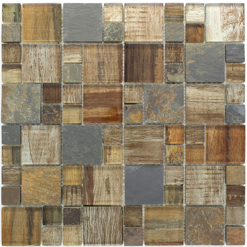 BSS-05  Brown Wood Look Glass And Stone Mosaic Tile