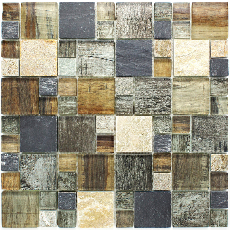 BSS-06  Grey Brown Wood Look Glass And Stone Mosaic Tile
