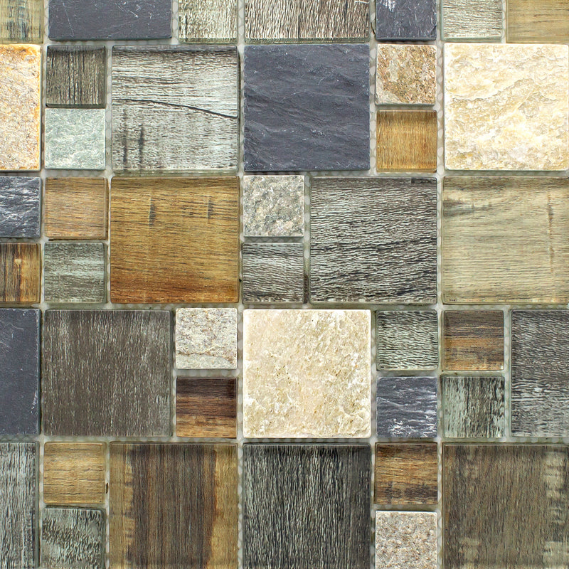 BSS-06  Grey Brown Wood Look Glass And Stone Mosaic Tile