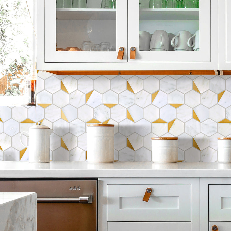 NBG-01  Natural Bianco Series - 3" Orion Hexagon White And Gold  Marble Mosaic Tile