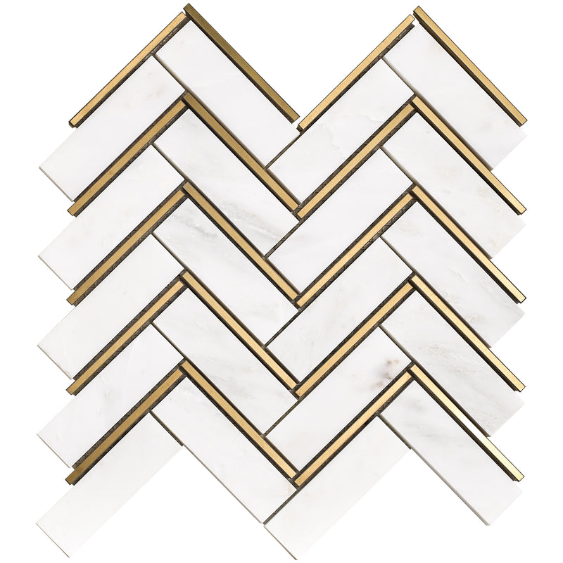 NBG-04  Natural Bianco Series - Herringbone White And Gold  Marble Mosaic Tile