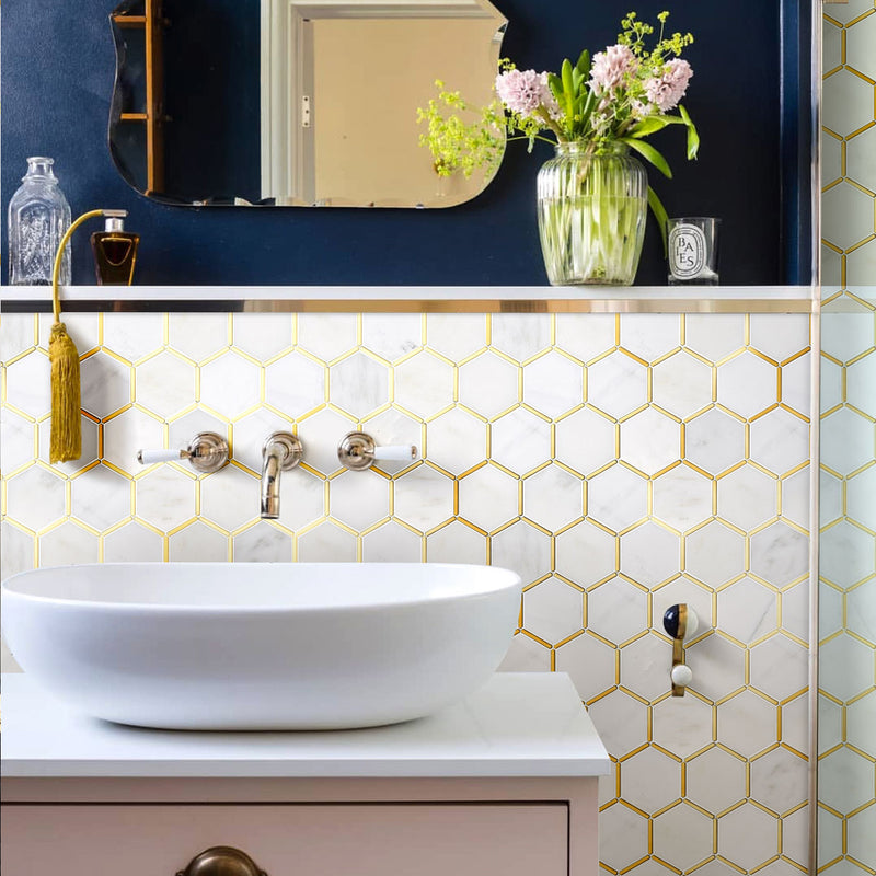 NBG-06  Natural Bianco Series - 3 In. Honeycomb Hexagon White And Gold  Marble Mosaic Tile