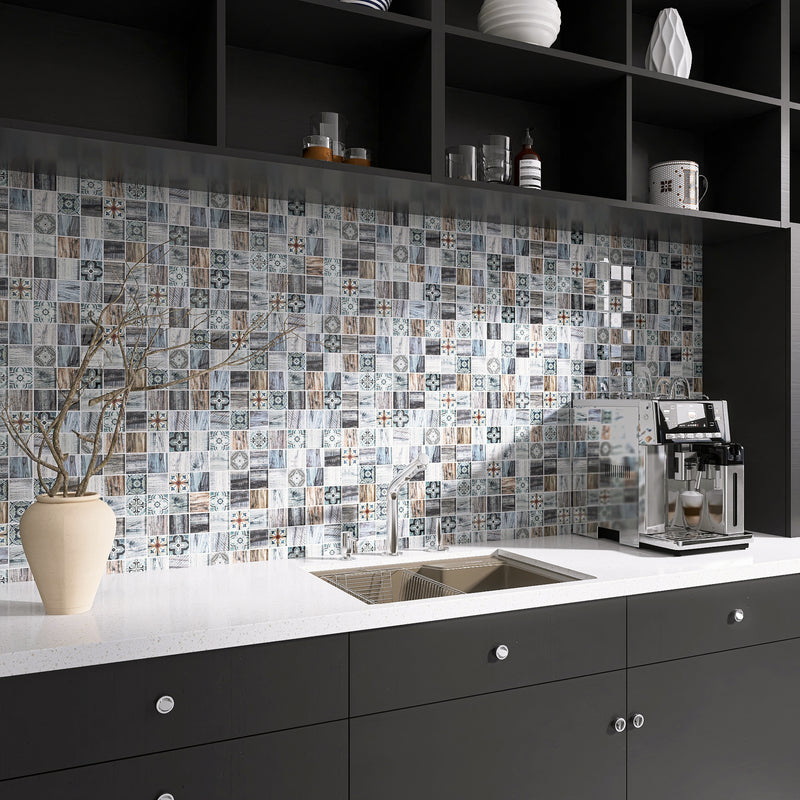 Classic Roman Wood Gray 11.82 in. x 11.82 in. Squares Glossy Glass Mosaic Tile