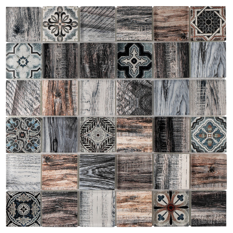 Classic Roman Wood Gray 11.82 in. x 11.82 in. Squares Glossy Glass Mosaic Tile
