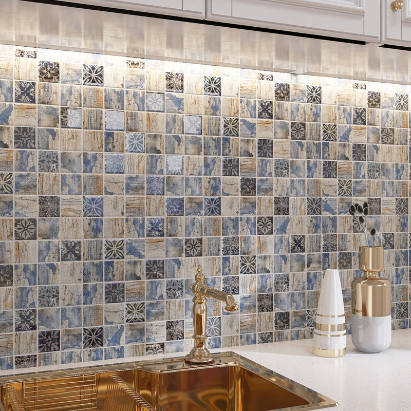Classic Roman Wood Blue 11.82 in. x 11.82 in. Squares Glossy Glass Mosaic Tile