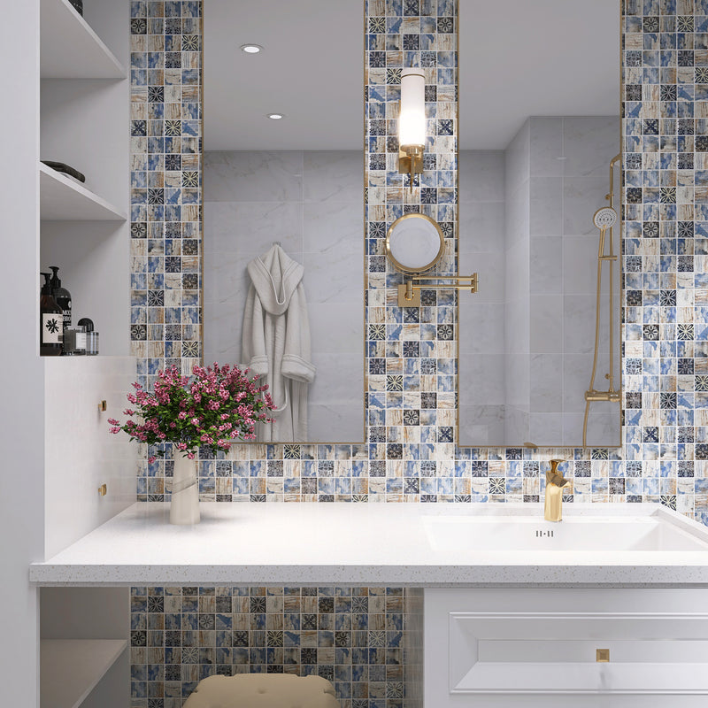 Classic Roman Wood Blue 11.82 in. x 11.82 in. Squares Glossy Glass Mosaic Tile