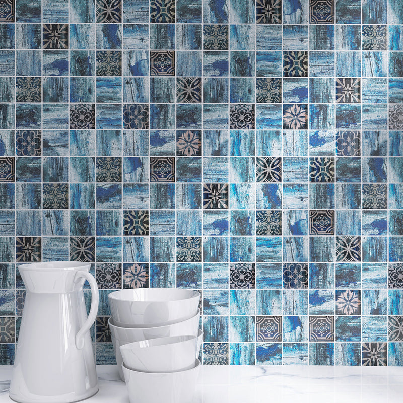 Classic Roman Art Blue 11.82 in. x 11.82 in. Squares Glossy Glass Mosaic Tile