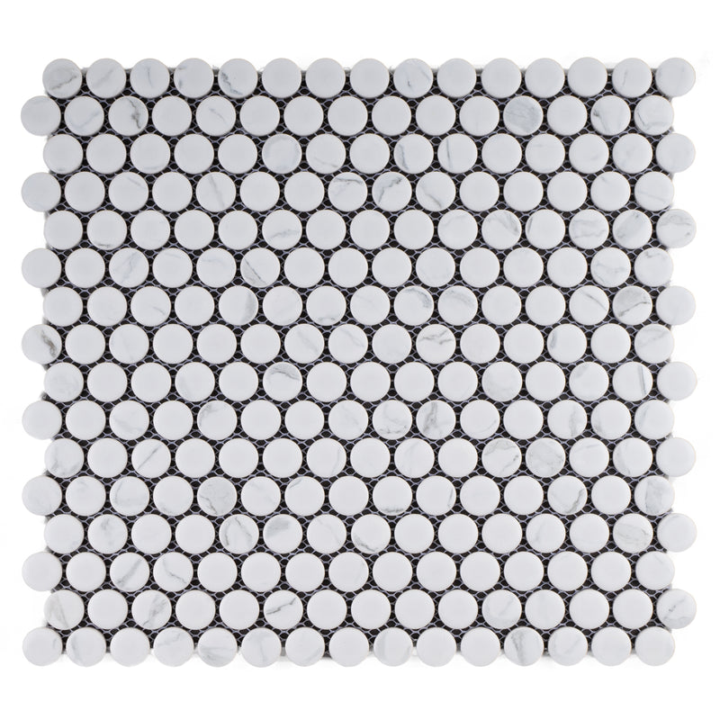 Porcetile White Cararra 12.41 in. x 11.46 in. Penny Matte Porcelain Mosaic Wall and Floor Tile