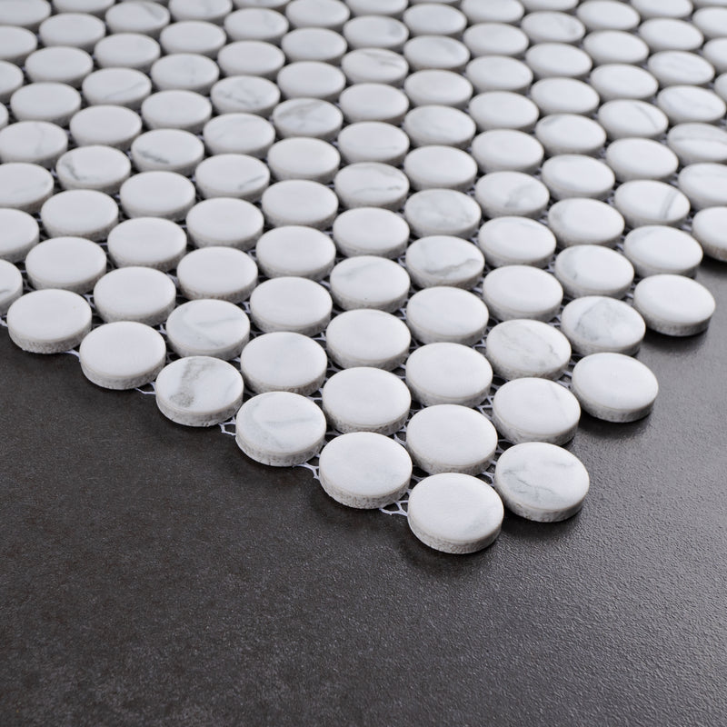 Porcetile White Cararra 12.41 in. x 11.46 in. Penny Matte Porcelain Mosaic Wall and Floor Tile