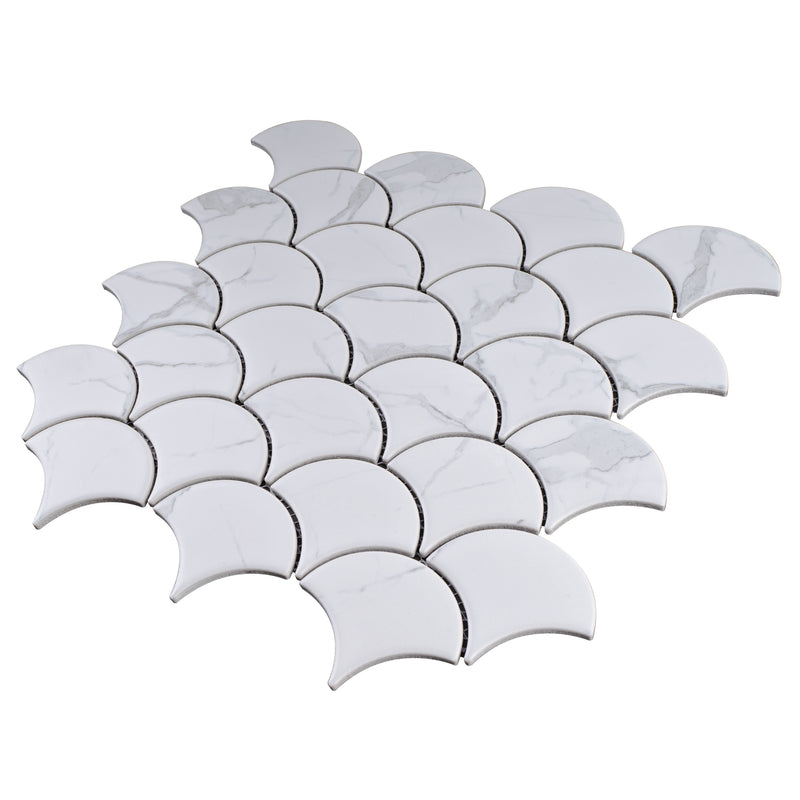Porcetile White Cararra 11.46 in. x 12.01 in. Fish Scale Matte Porcelain Mosaic Wall and Floor Tile