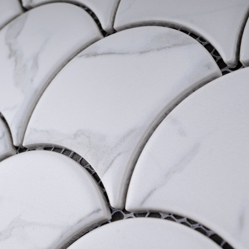 Porcetile White Cararra 11.46 in. x 12.01 in. Fish Scale Matte Porcelain Mosaic Wall and Floor Tile