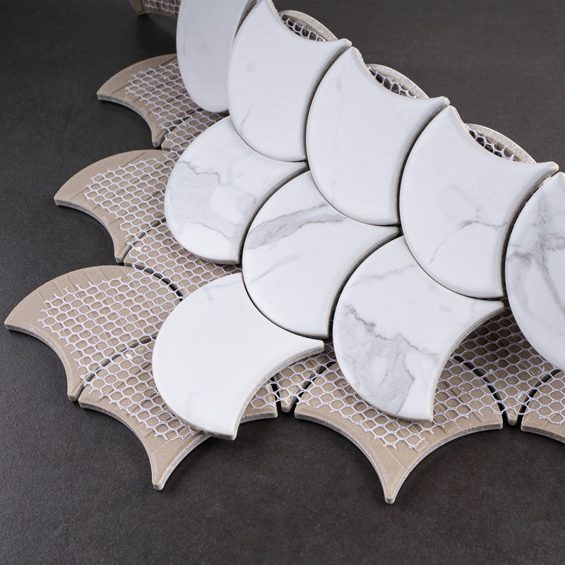 Porcetile White Cararra 11.46 in. x 12.01 in. Fish Scale Matte Porcelain Mosaic Wall and Floor Tile