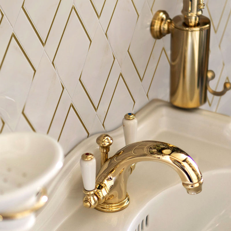 Natural Blanco White Gold 14.1 in. x 8.9 in. Geometric Polished Marble Mosaic Tile