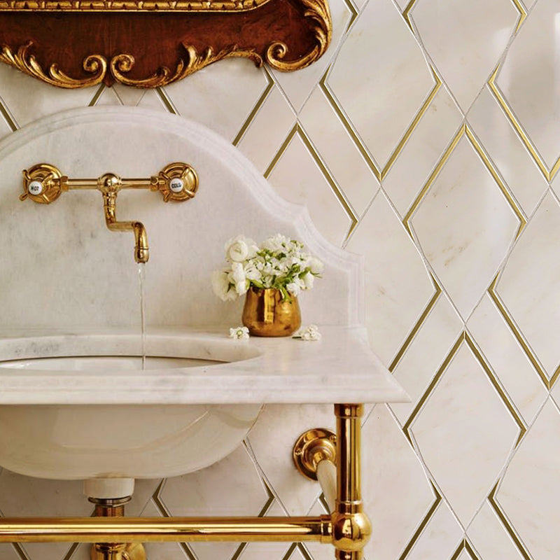 Natural Blanco White Gold 14.1 in. x 8.9 in. Geometric Polished Marble Mosaic Tile