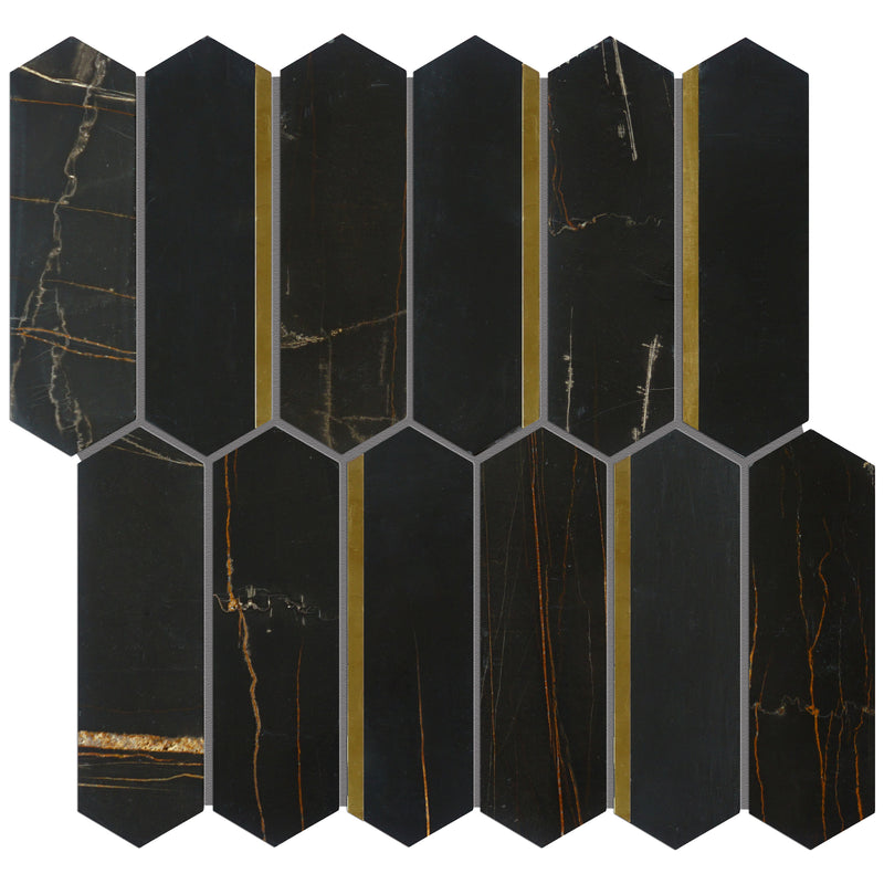 Natural Dorato Black Gold 11.23 in. x 11.62 in. Picket Polished Marble Mosaic Tile