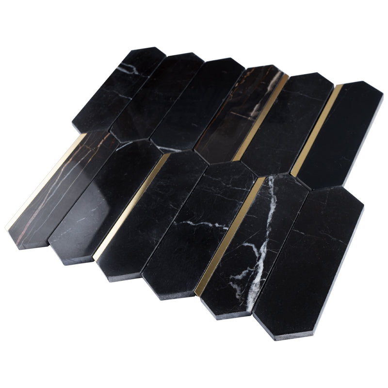 Natural Dorato Black Gold 11.23 in. x 11.62 in. Picket Polished Marble Mosaic Tile