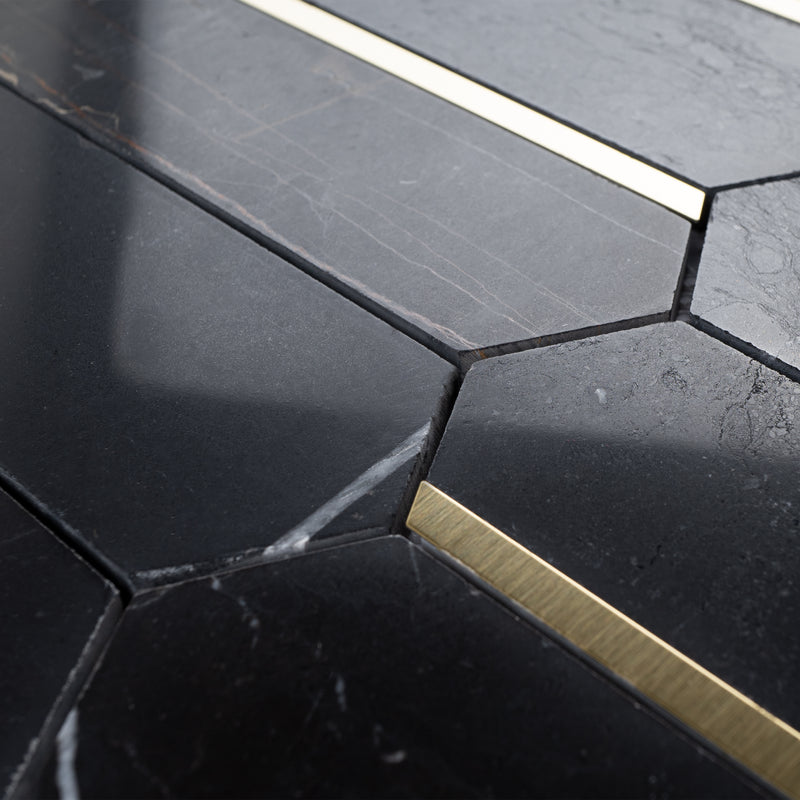 Natural Dorato Black Gold 11.23 in. x 11.62 in. Picket Polished Marble Mosaic Tile