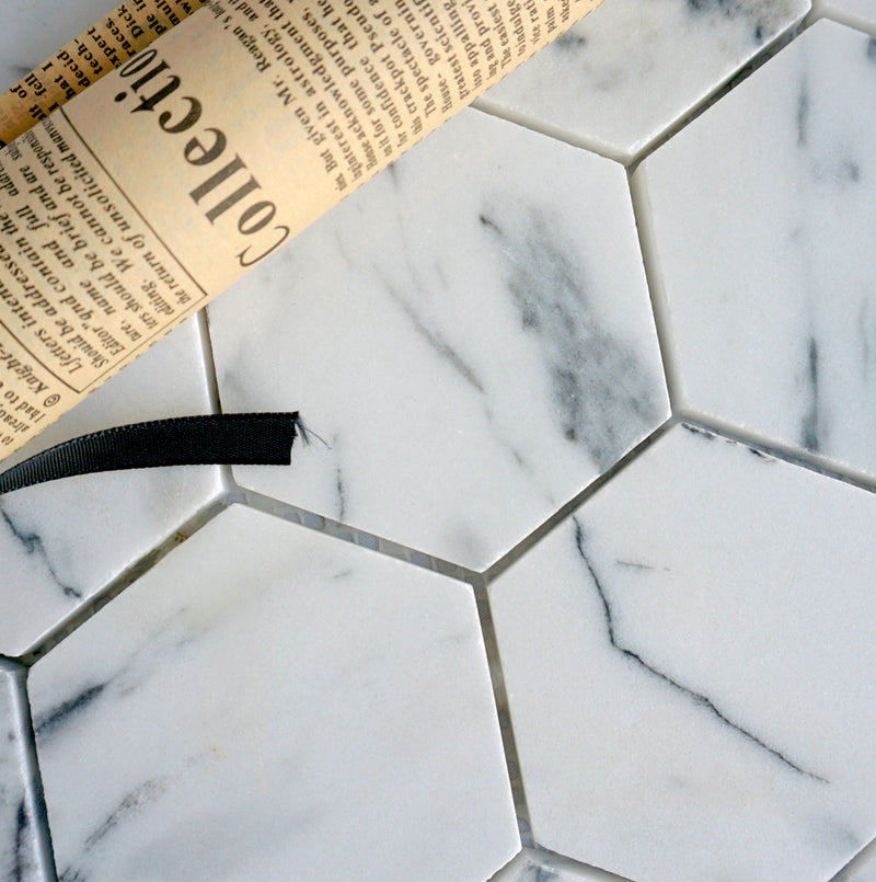 Natural White 12.01 in. x 10.44 in. Hexagon Polished Marble Mosaic Tile