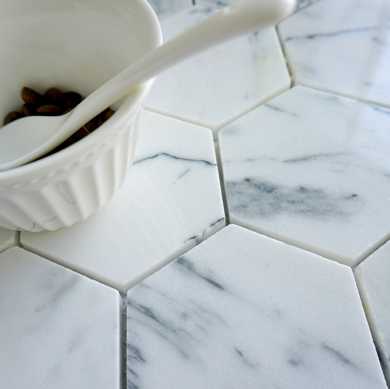 Natural White 12.01 in. x 10.44 in. Hexagon Polished Marble Mosaic Tile