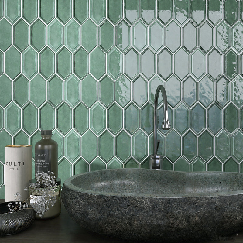 Classic Green 13.31 in. x 10.24 in. Picket Glossy Glass Mosaic Tile