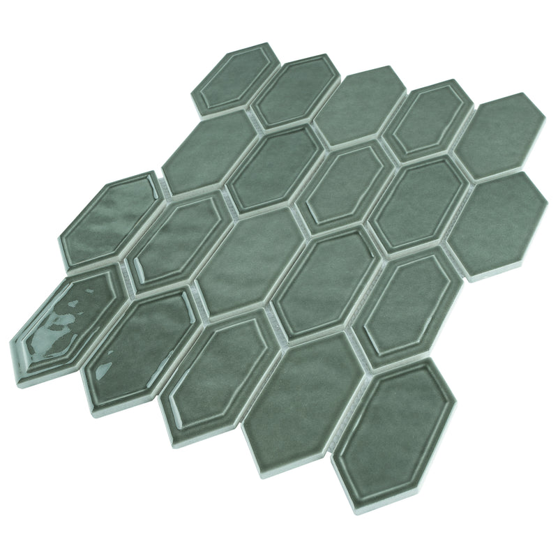 Classic Green 13.31 in. x 10.24 in. Picket Glossy Glass Mosaic Tile