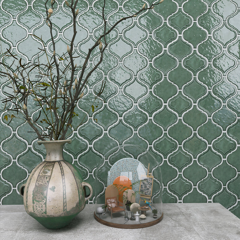 Classic Green 10.36 in. x 9.38 in. Arabesque Glossy Glass Mosaic Tile