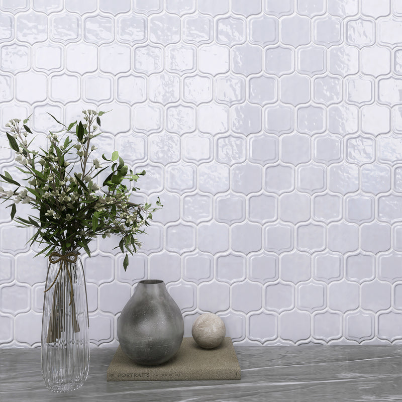 Classic White 11.86 in. x 10.79 in. Arabesque Glossy Glass Mosaic Tile
