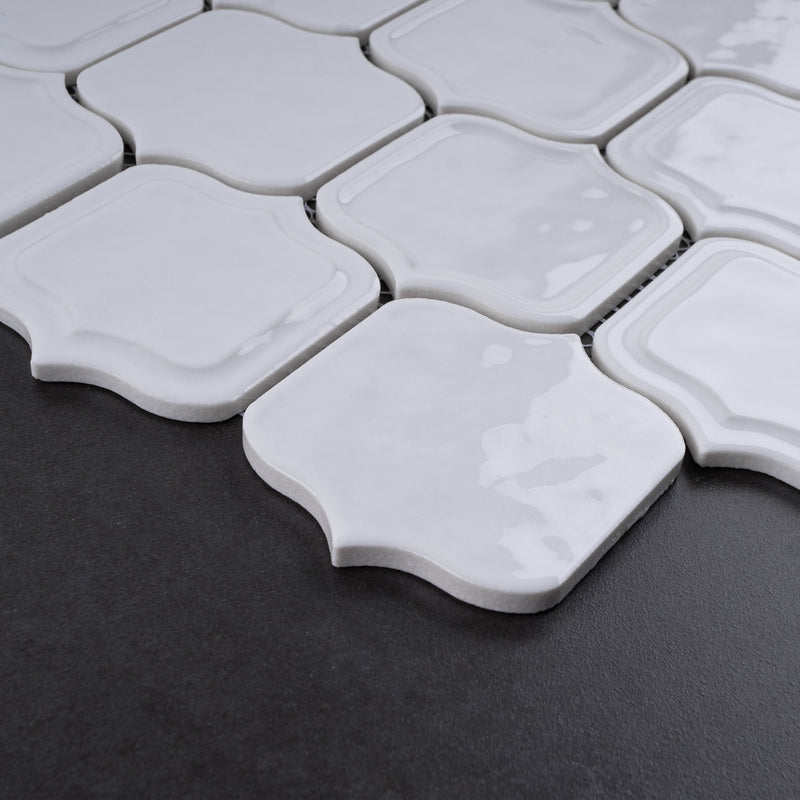 Classic White 11.86 in. x 10.79 in. Arabesque Glossy Glass Mosaic Tile