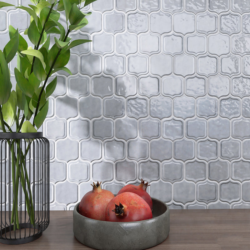 Classic Gray 11.86 in. x 10.79 in. Arabesque Glossy Glass Mosaic Tile