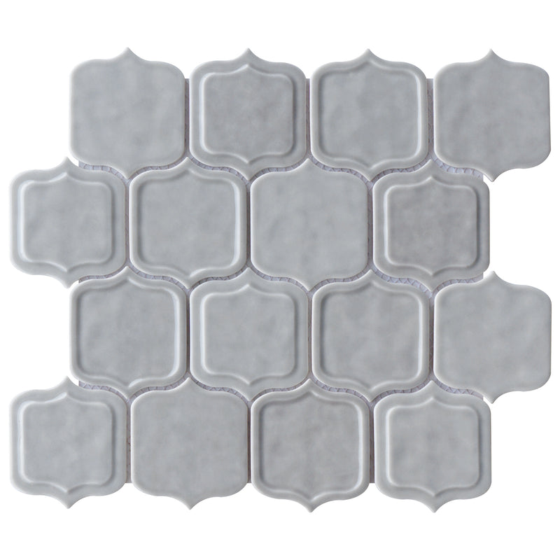 Classic Gray 11.86 in. x 10.79 in. Arabesque Glossy Glass Mosaic Tile