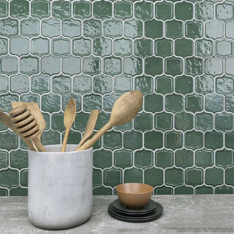 Classic Green 11.86 in. x 10.79 in. Arabesque Glossy Glass Mosaic Tile