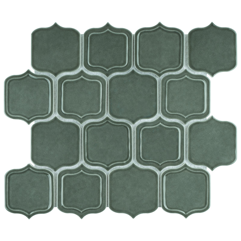 Classic Green 11.86 in. x 10.79 in. Arabesque Glossy Glass Mosaic Tile