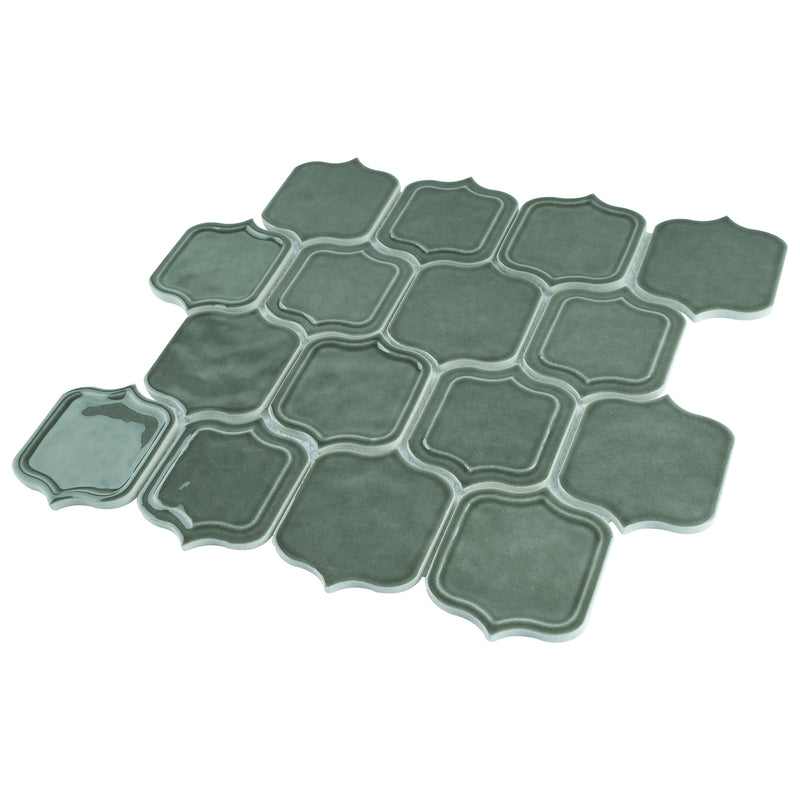 Classic Green 11.86 in. x 10.79 in. Arabesque Glossy Glass Mosaic Tile