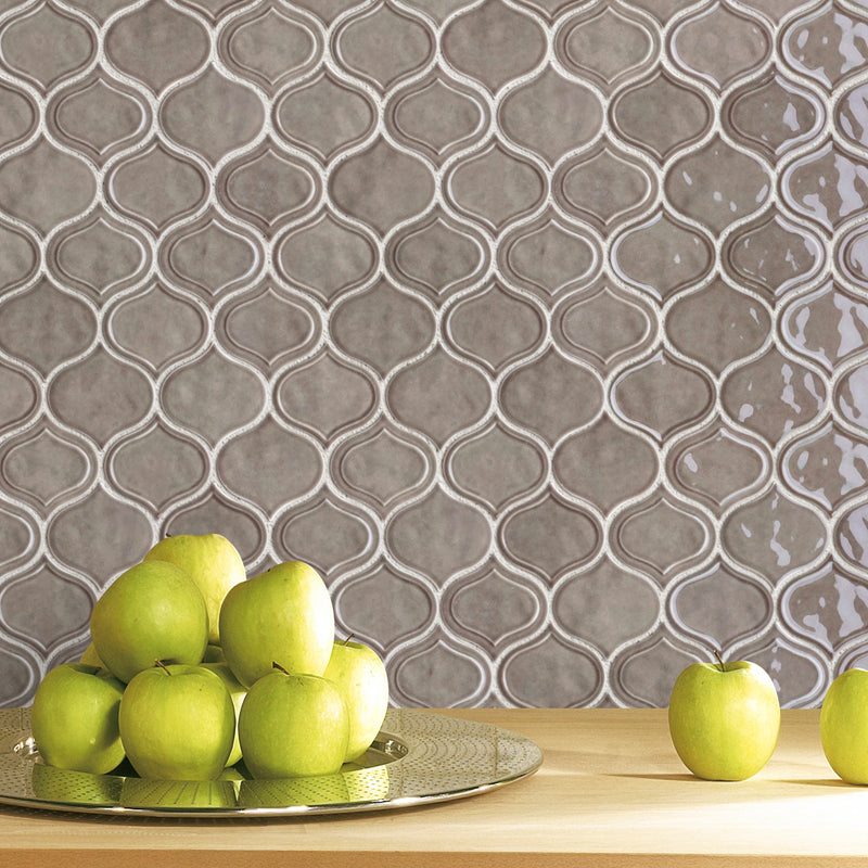 Classic Light Brown 9.69 in. x 11.97 in. Arabesque Glossy Glass Mosaic Tile