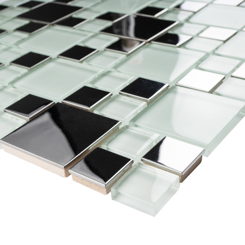 BSS-02  Stainless Steel & Soft White Glass Mosaic Tile