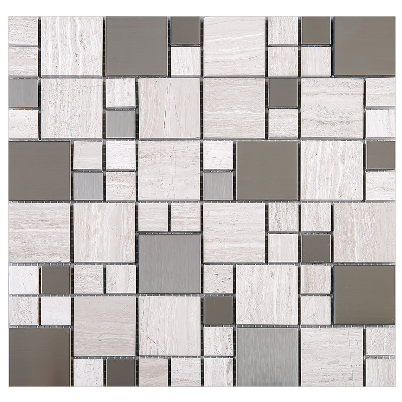 BSS-03  Stainless Steel & Wooden Grey Marble Mosaic Tile