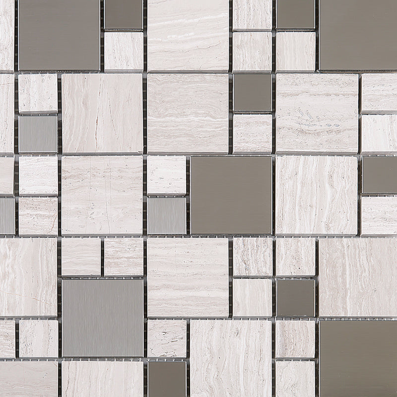 BSS-03  Stainless Steel & Wooden Grey Marble Mosaic Tile
