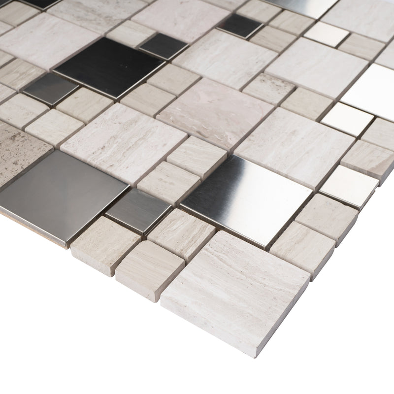 BSS-03  Stainless Steel & Wooden Grey Marble Mosaic Tile