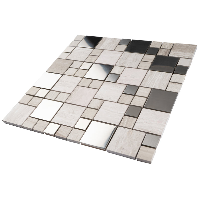 BSS-03  Stainless Steel & Wooden Grey Marble Mosaic Tile