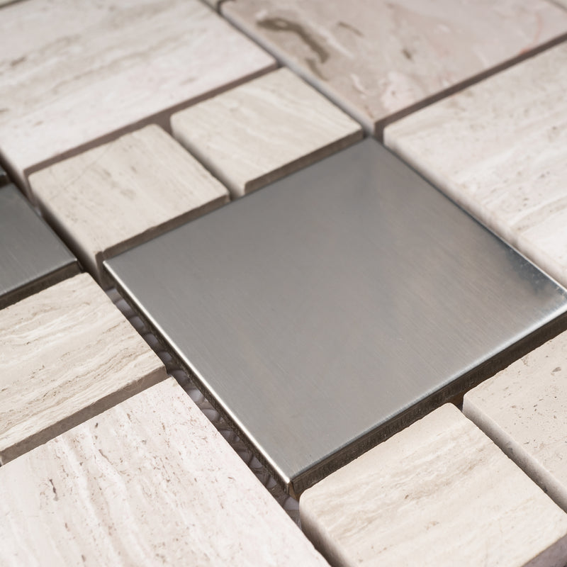 BSS-03  Stainless Steel & Wooden Grey Marble Mosaic Tile