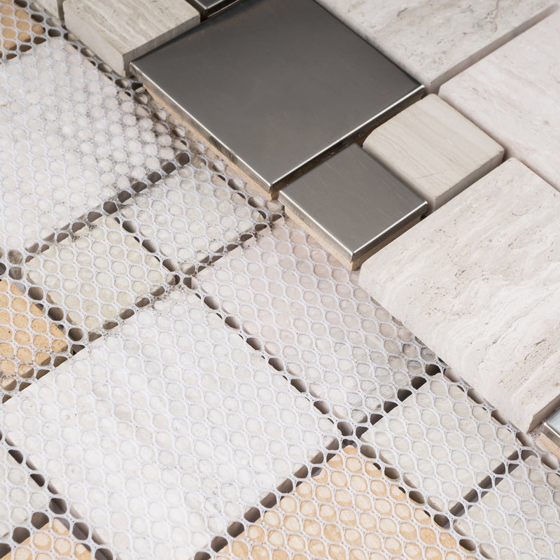BSS-03  Stainless Steel & Wooden Grey Marble Mosaic Tile