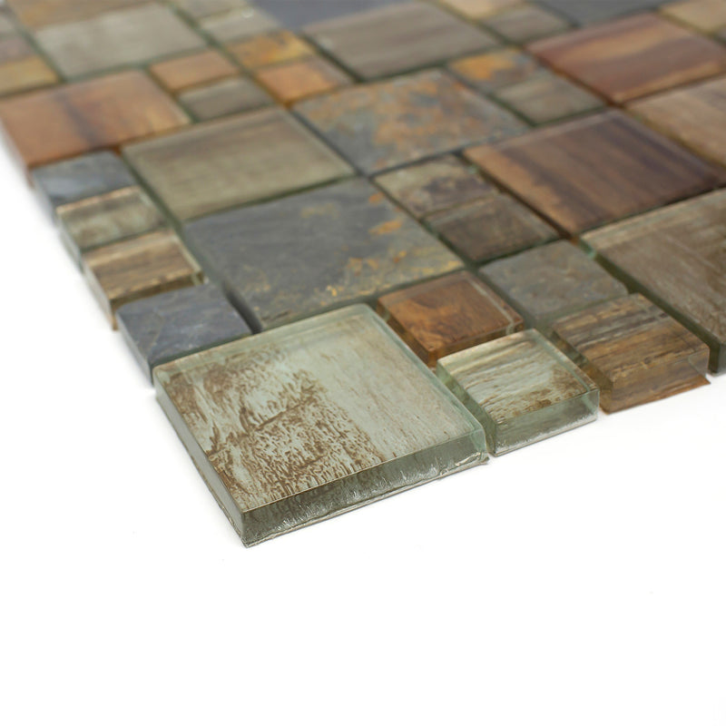 BSS-05  Brown Wood Look Glass And Stone Mosaic Tile