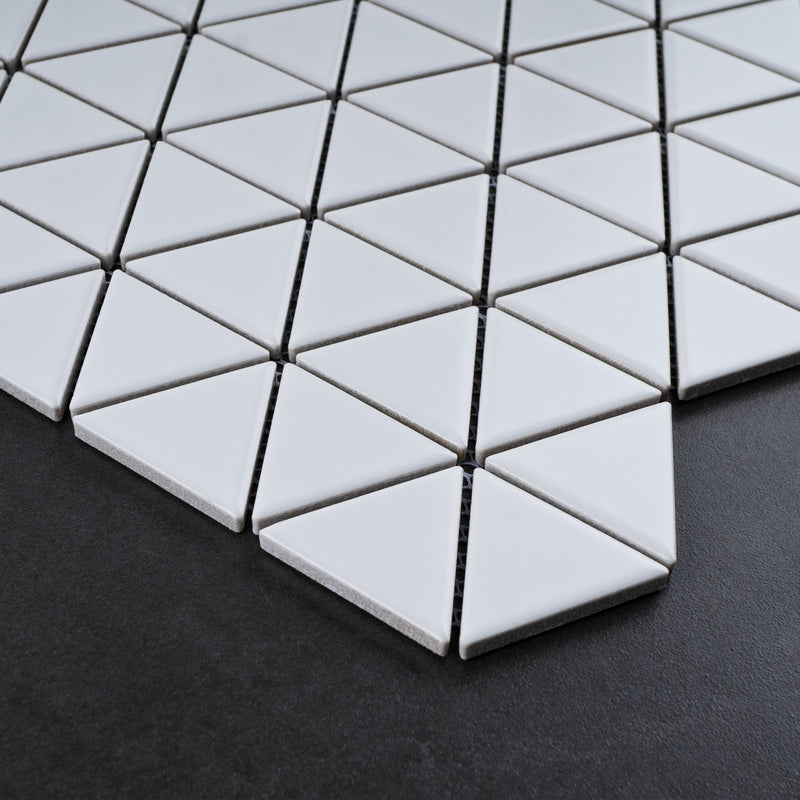 BT-PM25  1-1/2 x 1-1/2 Triangle White Cararra Porcelain Satin Mosaic Tile - White