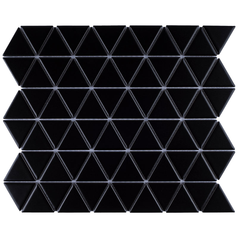 BT-PM26  1-1/2 x 1-1/2 Triangle White Cararra Porcelain Satin Mosaic Tile - Black