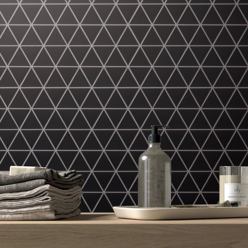 BT-PM26  1-1/2 x 1-1/2 Triangle White Cararra Porcelain Satin Mosaic Tile - Black