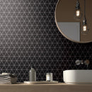 BT-PM26  1-1/2 x 1-1/2 Triangle White Cararra Porcelain Satin Mosaic Tile - Black