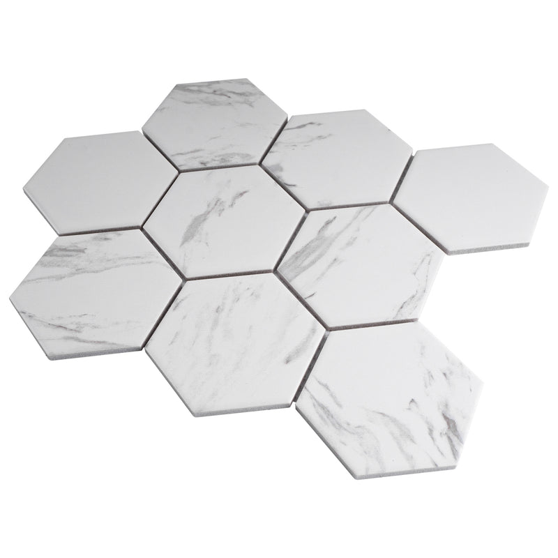 BT-PM27  4" Hexagon White Cararra Porcelain Satin Mosaic Tile