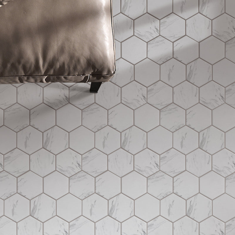 BT-PM27  4" Hexagon White Cararra Porcelain Satin Mosaic Tile