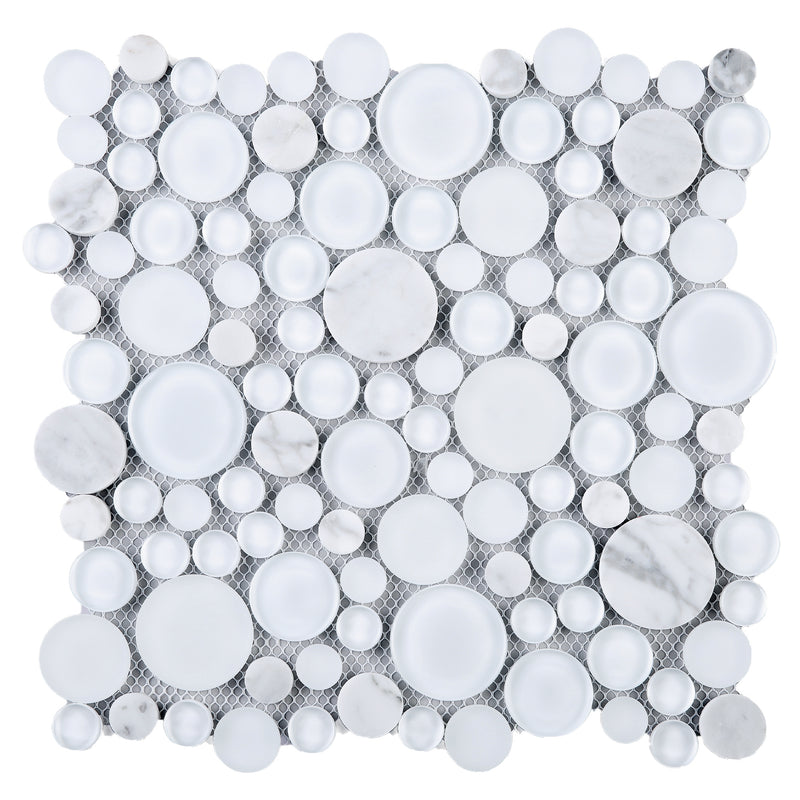 BUBW-02  White Glass And Carrara Bubble Mosaic Tile